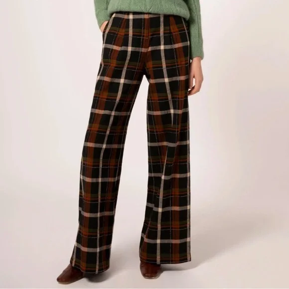 FRNCH Paris Women's Philo Woven Black Ivory Rust Plaid Pants Small 100% Cotton S - Picture 1 of 11